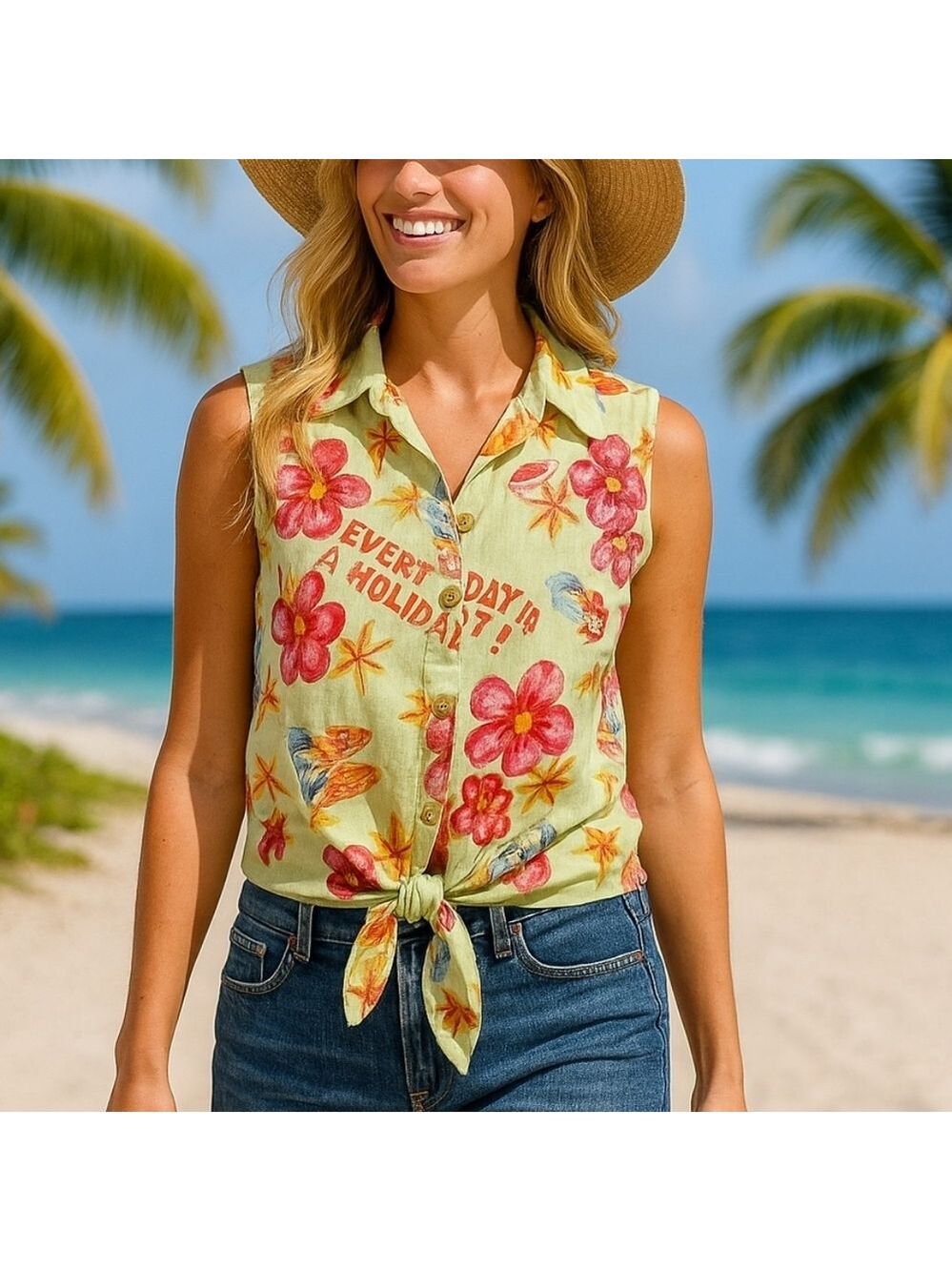 Dandy by Andi M. Linen Tie-Front Vacation Top